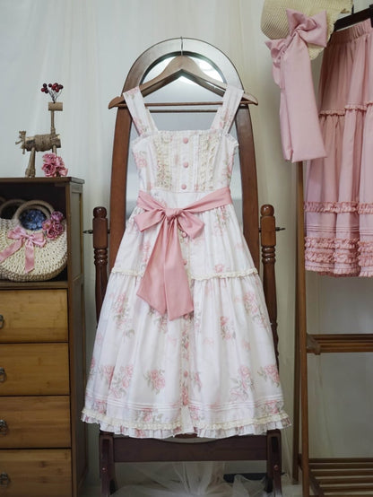 Robe d'été à imprimé rosace rose, motif floral naturel Kei, avec patte de boutonnage sur le devant et jupe pull Lolita