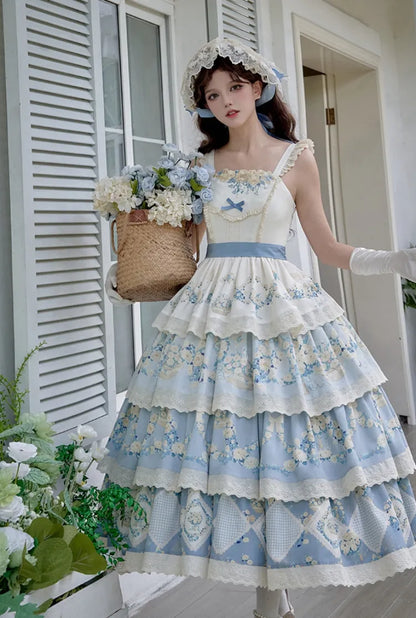 Classic Jumper Blue Skirt Floral Dress Basket and Flower Tiered Daisy Print Lolita
