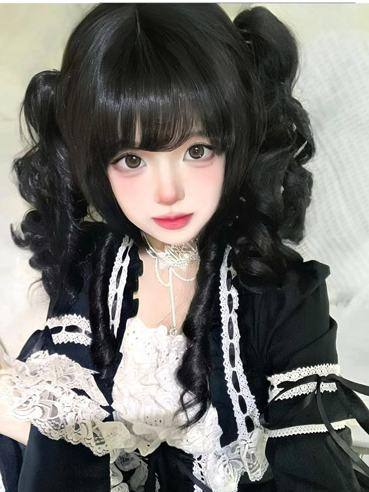 Wigs 48cm Bangs Two + Black Curly With Length Claw Ponytails