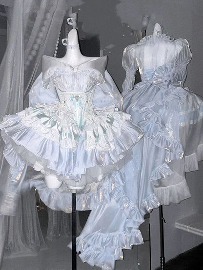 Ruffles Long Top Sleeves Sheer Cascading Hem Blue