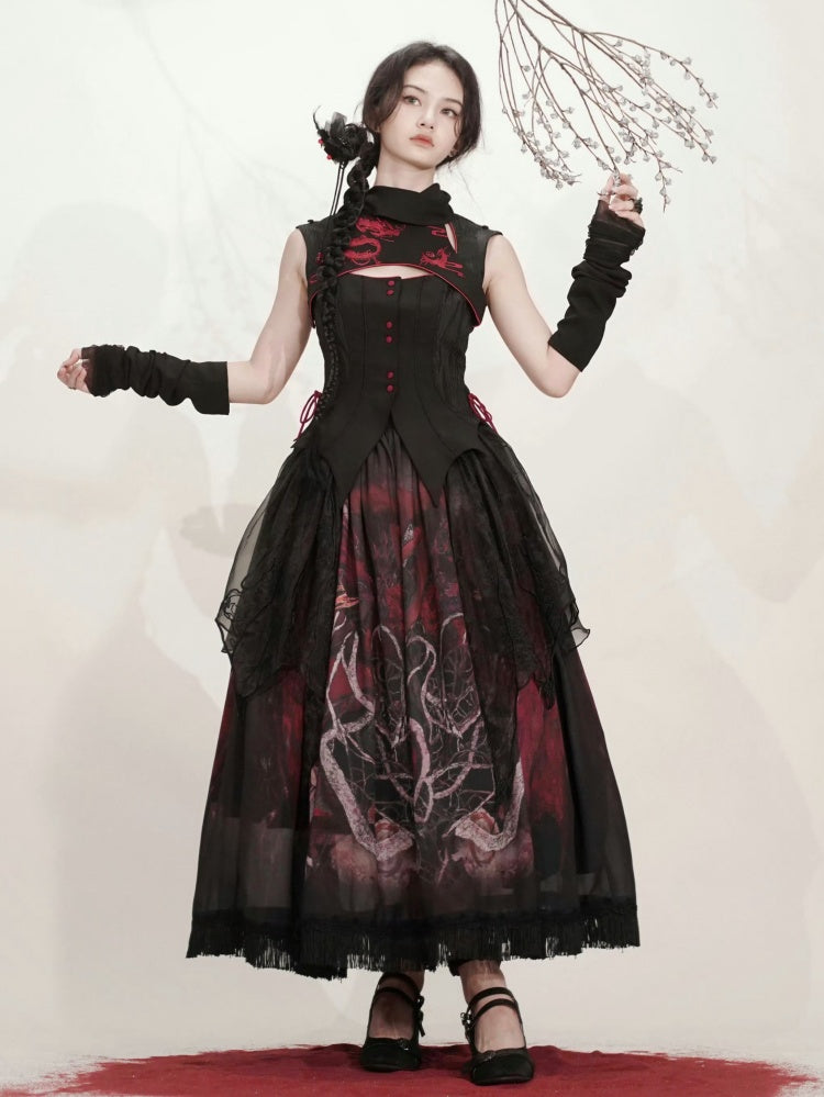 Black Gothic Dragon Embroidery Sleeveless Top Cutout Detail