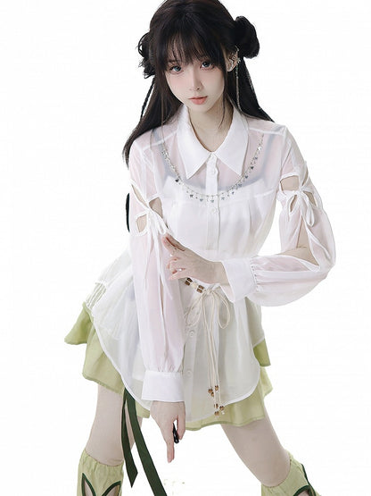 White Sheer Chiffon Style Shirt Long Sleeves Version Butterfly-shaped Cutout Cheongsam