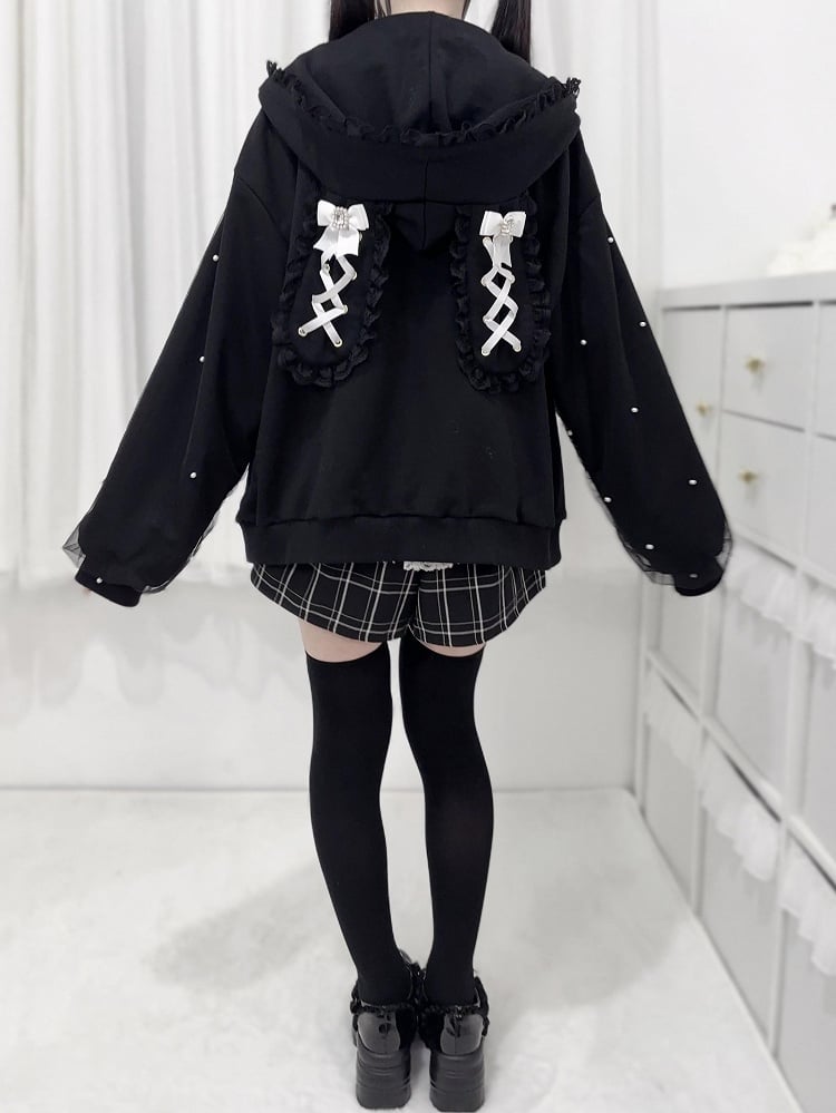 Jirai Kei Black Bunny Ears Lace Trim Hood Bead Details Zip Hoodie