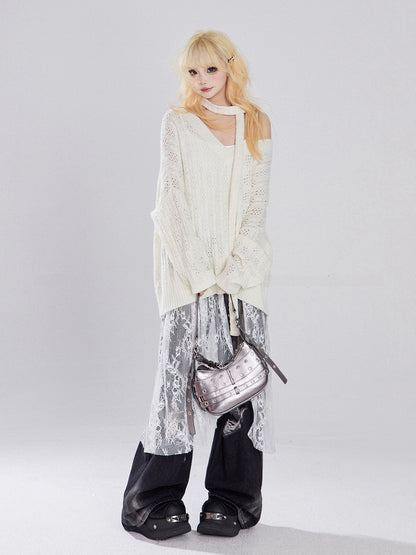 Apricot/Black V-neck Hollow-out Knitted Sweater