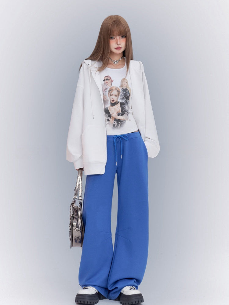 Blue Drawstring Waist Loose Straight-leg Sweatpants
