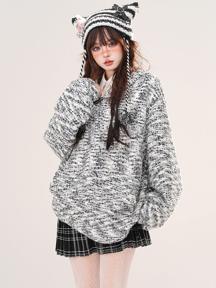 Grey Knitted Loose Hoodie