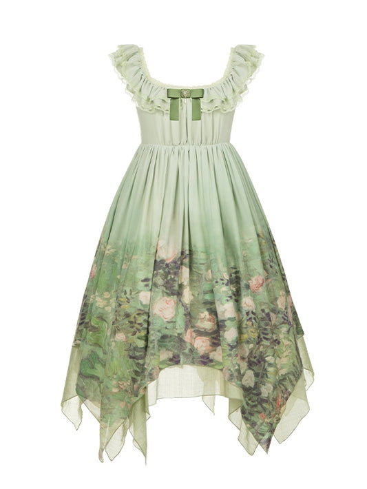 Taillenpullover Ölsaum Taschentuchrock Lolita Print Empire Grüne Malerei