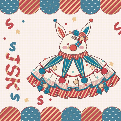 Lolita and Circus Pastel Clown Bodice Overalls Red Dress Blue Dark Clowncore Bunny Fleece Sweet