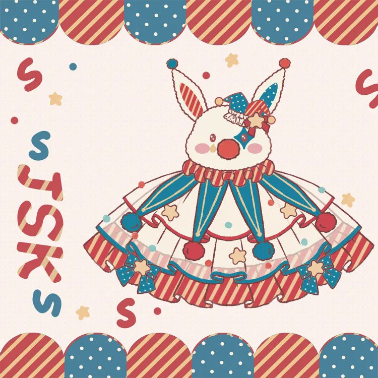 Clown Dark Bunny Dress Blue Clowncore Overalls Fleece Lolita Pastel Sweet Circus Red and Bodice
