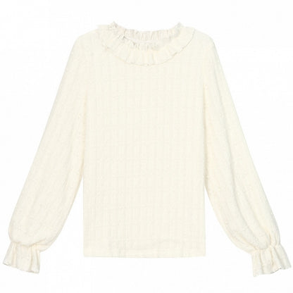 Beige Ruffle Neckline Long Sleeves Top