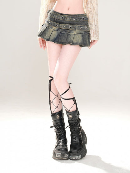 Blue Low Pleated Skirt Glamorous Waist Studded Buckle Strap Mini