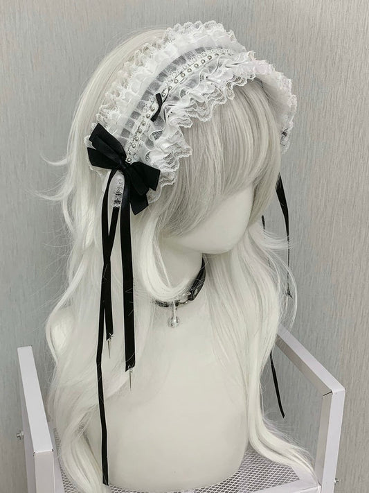 Details Decorated Hairband Ruffled Black/White Bowknot Studs
