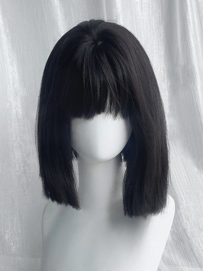 Black Tea Short Straight Synthetic Wig With Full Bangs