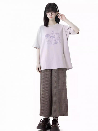 Loose Graffiti T-Shirt Puppy Round Neck Gray/Pink/Light Purple