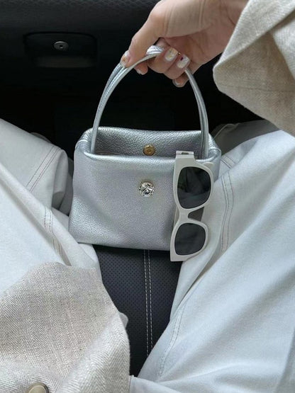 Silver Handbag With Button Closure Chic Small-Sized