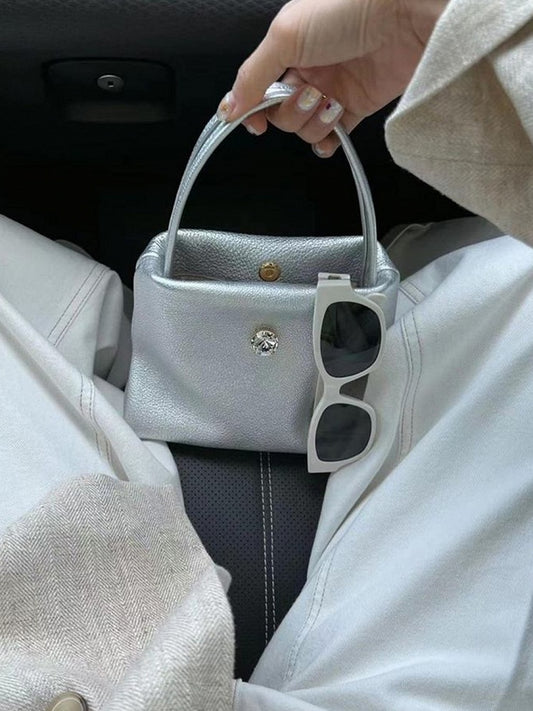 Silver Handbag With Button Closure Chic Small-Sized
