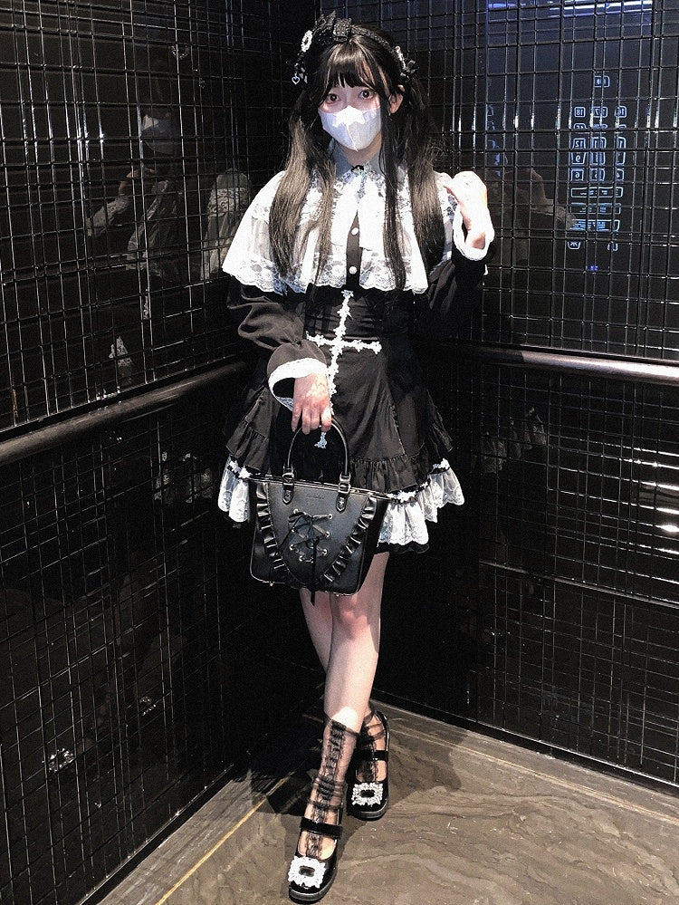 Jirai Kei White&Black/All Black Lace Cape Design Landmine Style Blouse