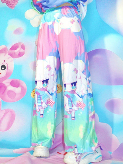 Y2K Gerade geschnittene Hose mit buntem Print und Cartoon-Muster