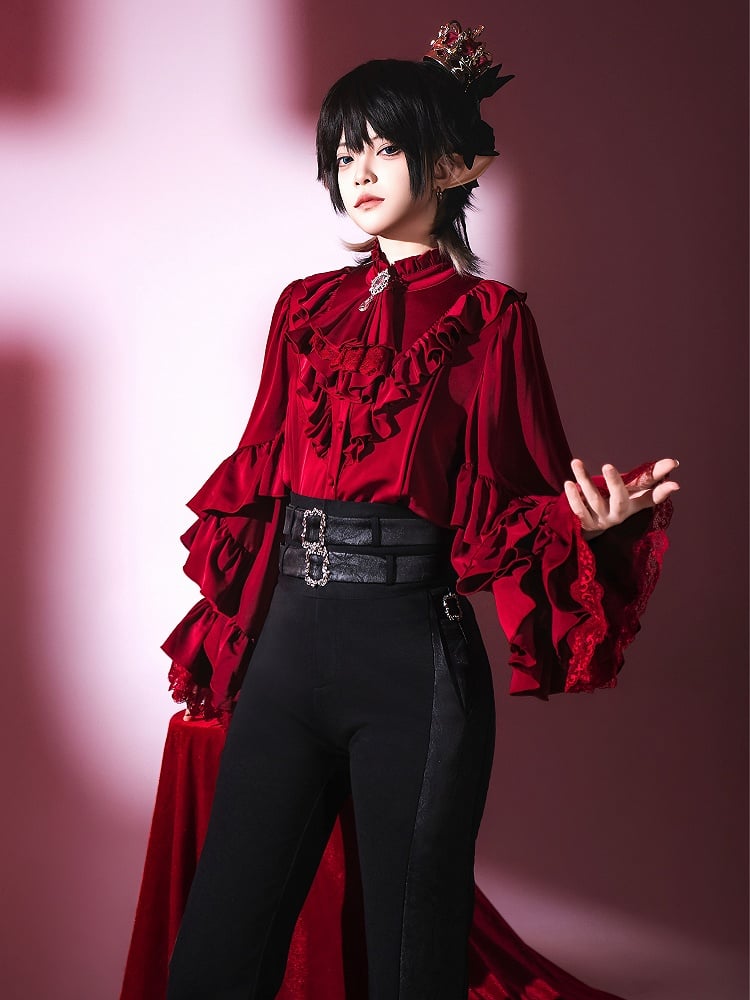Chemise à manches longues Lolita Vampire Ouji à volants rouge vin