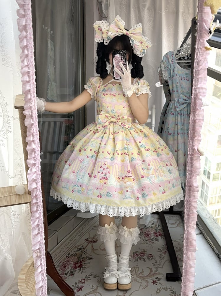 Lolita Ice Sweet Print Yellow Cream and Summer Dress Cherry