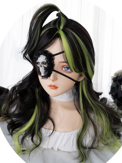 Black And Green Highlights 60CM Long Wavy Wig With Bangs