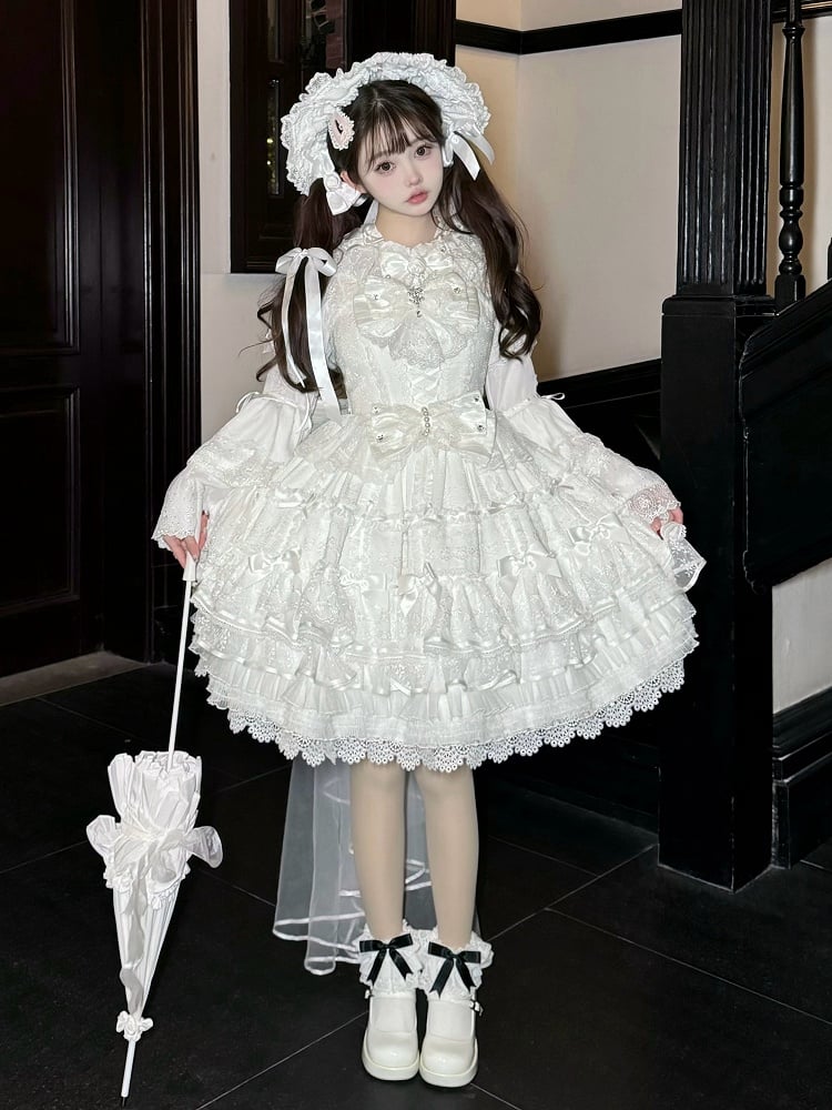 White Layered Skirt Shiro Hanayome Dress Sweet Hime Lolita Jumper Skirt with Removable Bows