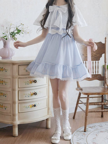 Jirai Kei Light Blue Peter Pan Collar Cape Design Faux Two-pieces Dress