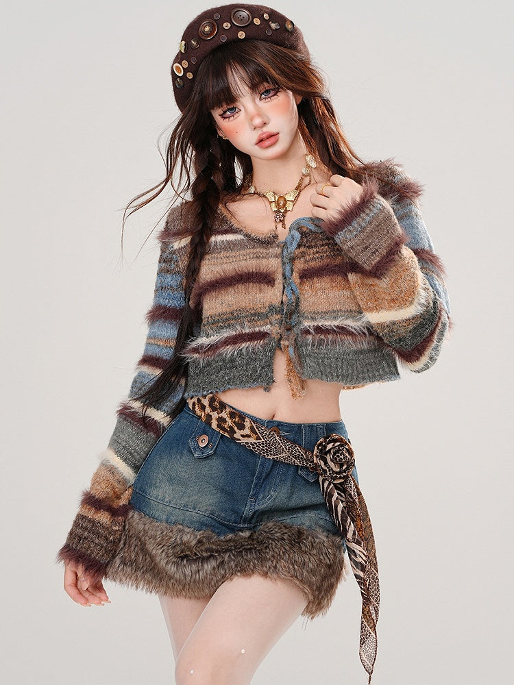 Blue and Brown Tie Dye Striped Cropped Self-tie Straps Cardigan