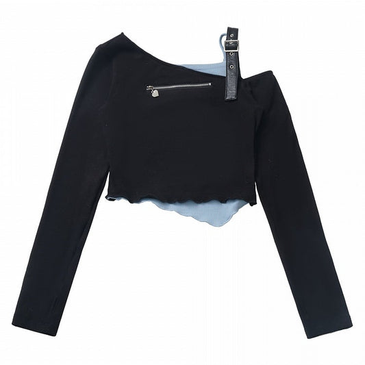 Blue&Black Asymmetrical Neckline Fake Two-Piece Top