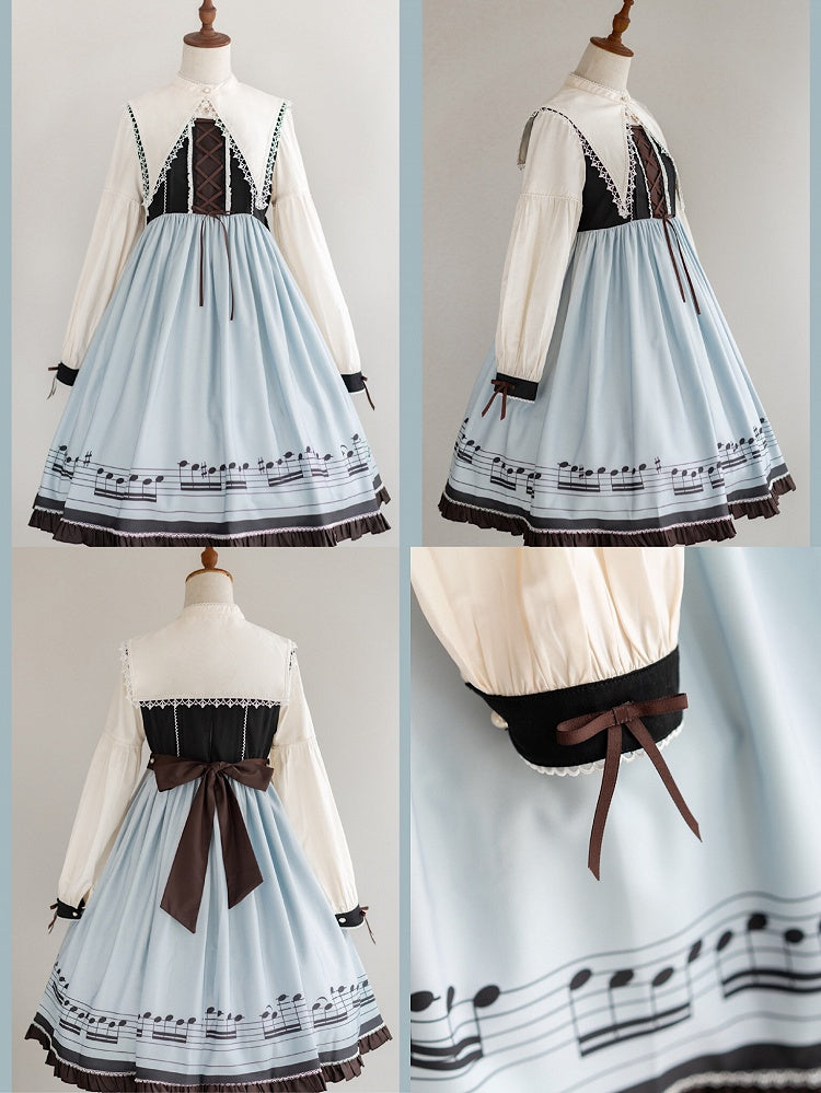 Robe Lolita d'automne bleue à manches longues et col pointu séparé, motif notes de musique