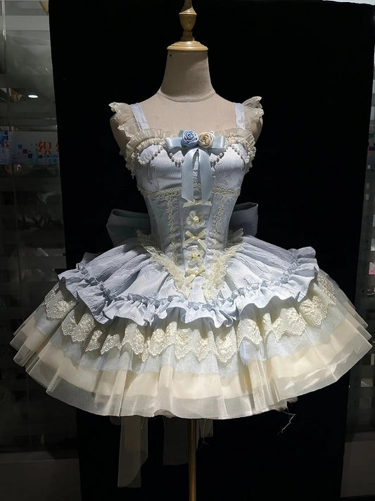 Blue Big Puffy Dress Hime Lolita Balletcore Bow Fabric Train JSK Boned Basque Waist Jacquard with