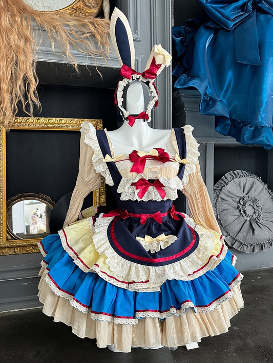 Tablier Sweet Maid bleu foncé et rouge blanc neige + robe bouffante à volants à volants sans bretelles à taille basque