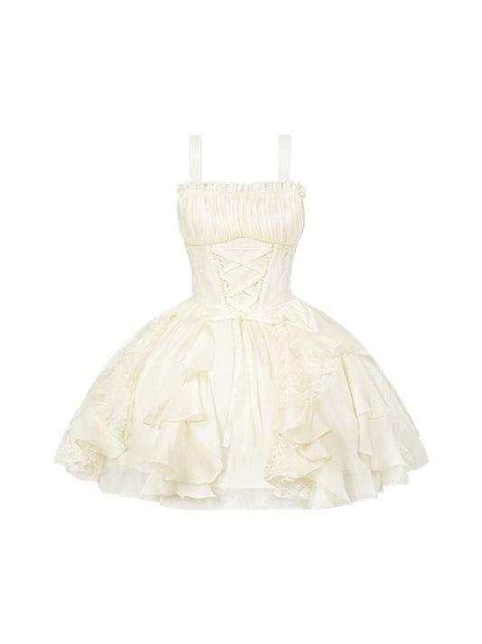 Lolita-Kleid mit Rüschen, Stäbchen, kurzer beigefarbener Rock, Taillen-Baskenkleid