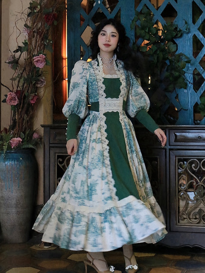 Robe vintage vert foncé à encolure carrée et manches gigot en dentelle florale