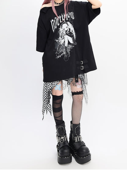 Y2K Black Snap Details Neckline Anime Print Girl Loose T-shirt
