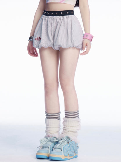Embroidery Mini Bubble Skirt Pattern White Striped Letter