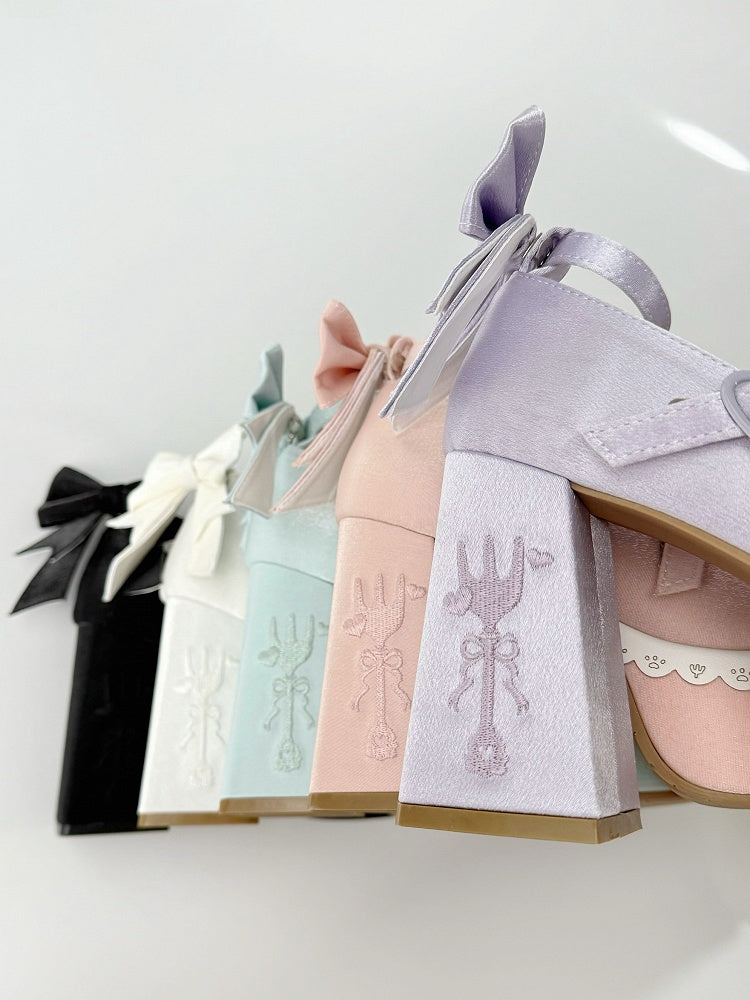 High Lace Pink Block Embroidery Buckle Heels Fork Bowknot Lolita Platform Straps