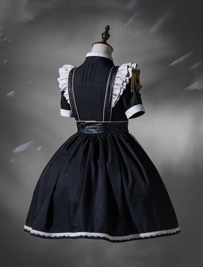Dress Short Military Full Lolita Flutter Sleeves and Maid Apron Set Black