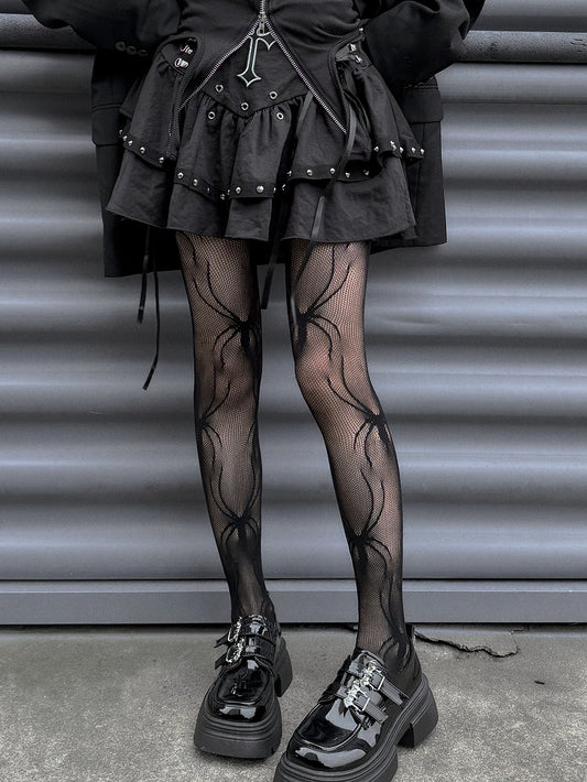 Gothic Punk Black Spiders Pattern Fishnet Tights