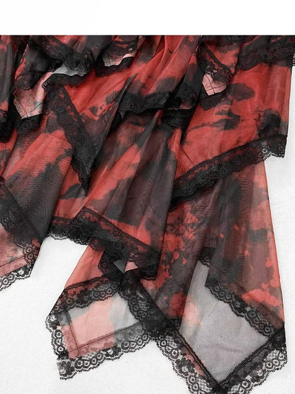 Glamorous Tiered Cross Top Plaid Details Bittersweet + Red Skirt Dye Black Tie Set- Dress Cami
