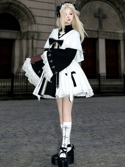 White and Black Nun Lolita Dress Full Set-Bell Sleeves Nun Dress + White Cape + Black Bow Accessory