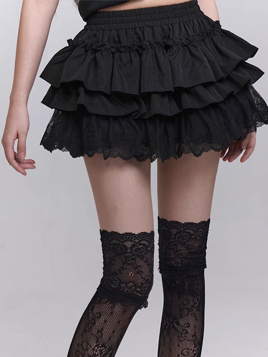 Bloomers Black Elastic Waist Lace Trim Mini Tiered Skirt Lining