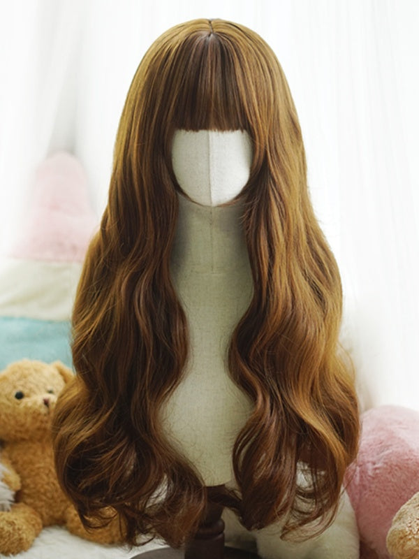 Black/White/Light Blonde/Blonde/Caramel/Grey Waist Length Wavy Wig With Full Bangs
