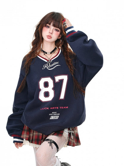 Apricot/Navy Blue V-Neck?Number Print Bittersweet Loose Sweatshirt