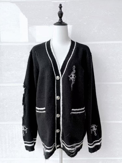 Eye  and Snake Embroidery Knit Cardigan Guro Distressed Holes Kawaii Black with