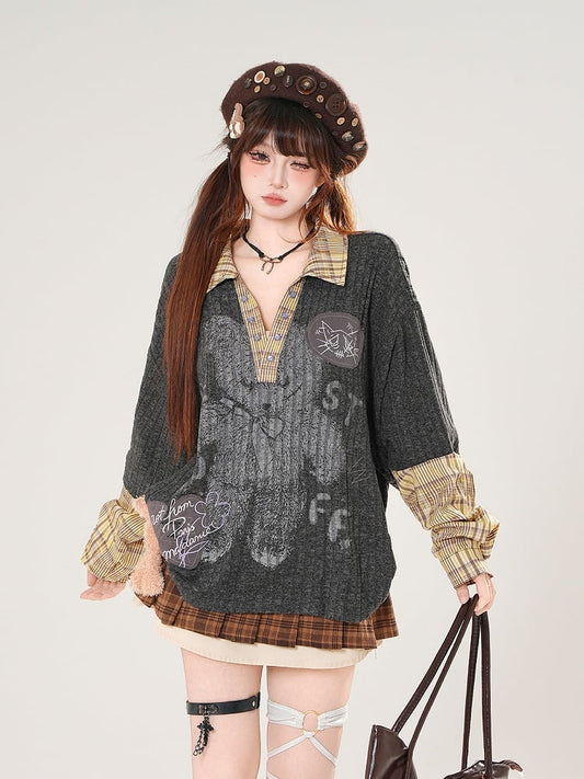 Dark Gray V-Neck Top with Bear Print and Plaid Patchwork Knit