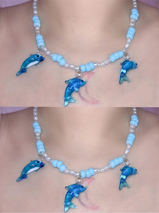 Necklace Blue Pendant Beaded Y2K Dolphin