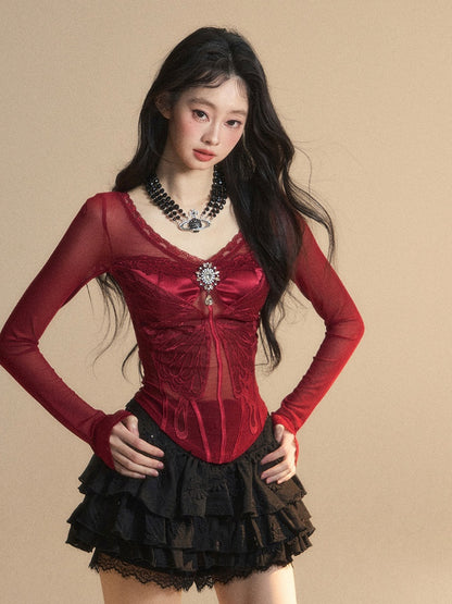 Red V-neck Top Rhinestone Embellished Glamorous Butterfly Embroidery