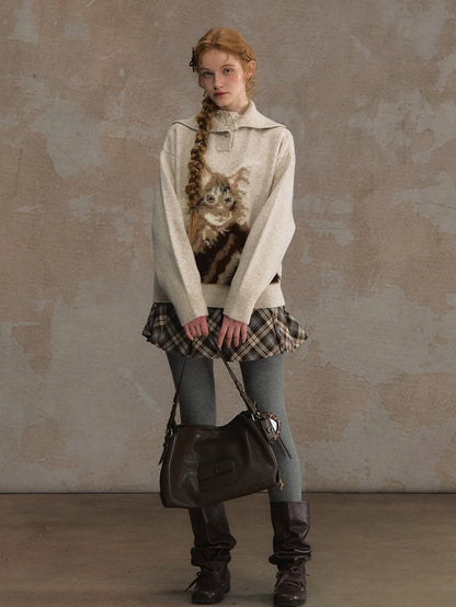 Beige/Brown Cozy Loose-Fit Pullover Sweater with Cat Design and Convertible Collar