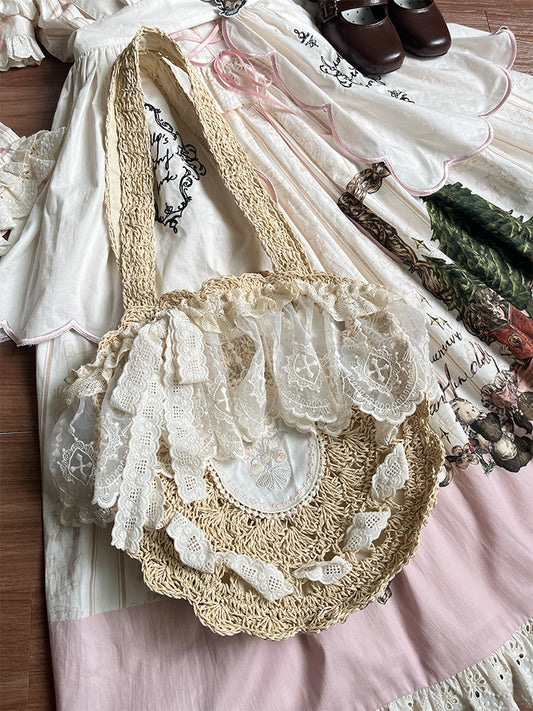 Straw Floral Hand Bag Embroidery Detail